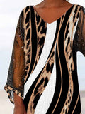 Women's retro leopard stitching printed gauze sleeve casual top