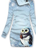 Women's Winter Owl Print Casual Sports Hooded Dress