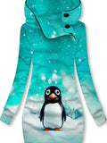 Women's Winter Penguin Print Casual Sports Hooded Dress