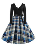 Women's Vintage V-neck Long Sleeve Plaid Print Swing Dress