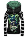 Women's Retro Punk Skull Cat Art Casual Stripe Hooded Sweatjacken