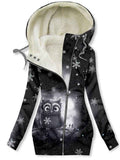 Women's Winter Snowflake Owl Printed Fleece Hooded Sweatjacke