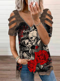 Women's Retro Punk Skull Print Casual V-Neck Off-Shoulder T-Shirt