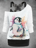 Women's Cute Penguin Art Design Casual Two Piece Suit Top