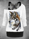 Women's Wolf Print Lace Tank Top Two-Piece Set