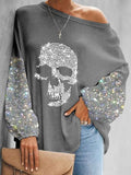 Women's Skull Printed One-Shoulder Long Sleeves Casual Blouses