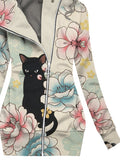 Women's Black Cat  Art  Flower Retro Casual Sweatshirt