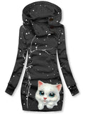 Women's Winter Cat Print Casual Sports Hooded Dress