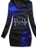 Women's Winter Aurora Heartbeat Print Casual Sports Hooded Dress