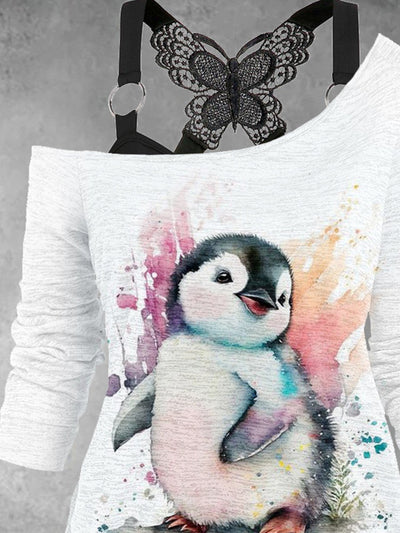Women's Cute Penguin Art Design Casual Two Piece Suit Top