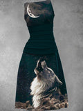 Women's Wolf Vintage Print Casual Maxi Dress