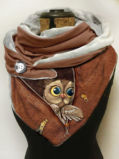 Owl-print slouchy fleece scarf and shawl