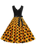 Women's Retro Wavy V-neck Polka Dot Printed Large Swing Dress