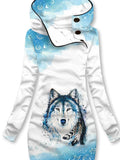 Women's Winter Wolf Print Casual Hooded Sweatshirt Dress