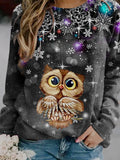 Women's Vintage Christmas Snowflake Owl Pattern Casual Sweatshirt