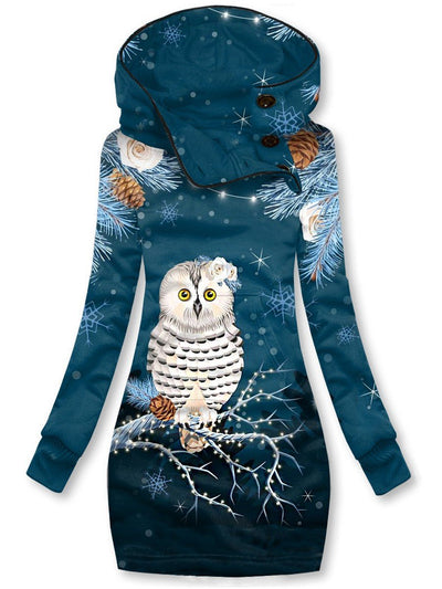 Women's Winter Owl Print Casual Sports Hooded Dress
