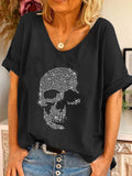 Skull portrait print V-neck loose T-shirt