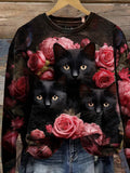 Women's Halloween Cat Print Casual Long Sleeve Sweatshirt