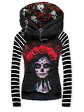 Women's Retro Punk Skull Girl Rose Art Casual Stripe Hooded Sweatjackenirl