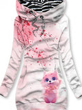 Women's Winter Pink Fox Print Casual Sports Hoodie