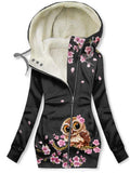 Women's Winter Owl Art Print Casual Fleece Track Jacket