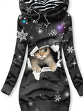 Women's Winter Christmas Cat Print Casual Sports Hooded Sweatshirt Dress