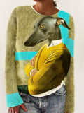 Vintage Dog Art Print Knit Pullover Sweater