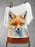 Women's Fox Art Printing Dolman Sleeve Casual Two Piece Suit Top