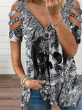 Women's Retro Punk Skull Print Casual V-Neck Off-Shoulder T-Shirt