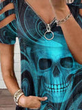 Women's Punk Skull Print V-neck Cold Shoulder T-shirt