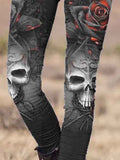 Vintage Punk Skull Pattern Printed Casual Tight Leggings