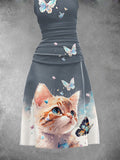 Women's Summer Retro Cat Print Long Dress