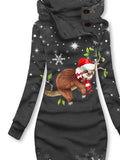 Women's Winter Christmas Sloth Print Casual Sports Hooded Dress