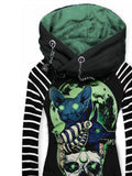 Women's Retro Punk Skull Cat Art Casual Stripe Hooded Sweatjacken