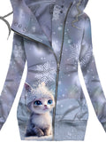 Women's Winter Cat Print Casual Track Jacket