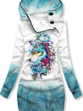 Women's Flower Wolf Art Pattern Hooded Sweatjacke