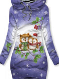 Women's Winter Christmas Owl Print Casual Hoodi