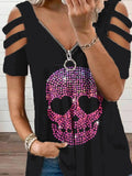 Women's Retro Punk Skull Print Casual V Neck Off Shoulder T-Shirt