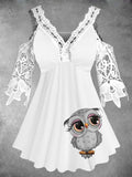 Women's Owl Lace V Neck Off Shoulder Design Tank Top