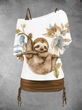 Women's Sloth Art Printing Dolman Sleeve Casual Two Piece Suit Top