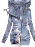 Women's Winter Cat Print Casual Track Jacket