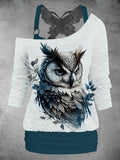 Women's Owl Art Casual Butterfly Vest Two Piece Suit Top