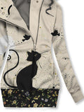 Women's Black Cat  Art  Flower Casual Sweatshirt