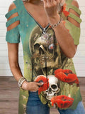 Women's Retro Punk Skull Print Casual V Neck Off Shoulder T-Shirt