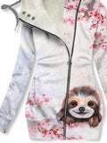 Women's Winter Floral Sloth Print Casual Fleece Track Jacket