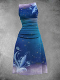 Women's Flower Gradient Starry Sky Art Printing Maxi Dress