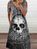 Women's Punk Skull Art Printed Sexy V-neck Short Sleeve Dress