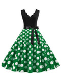 Women's Retro Wavy V-neck Polka Dot Printed Large Swing Dress