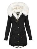 Women's Autumn and Winter Mid Long Windbreaker White Fur Collar Hooded Plush Coat