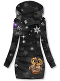 Women's Winter Christmas Owl Print Casual Sports Hooded Dress